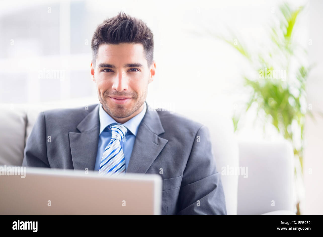 Handsome businessman sitting on sofa using his laptop Stock Photo - Alamy