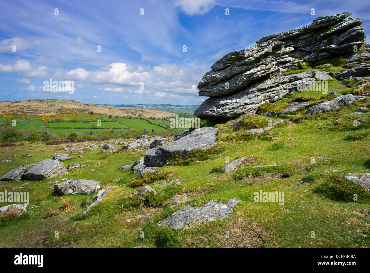 View of Dartmoor tors in Devon, England, and valley beyond Stock Photo