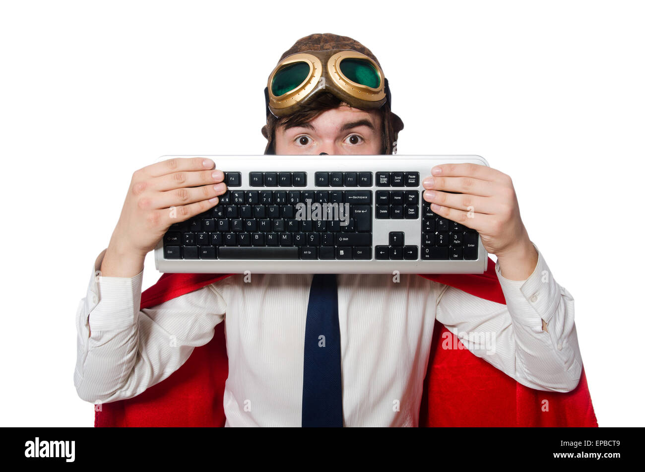 Funny hero with keyboard isolated on the white Stock Photo - Alamy