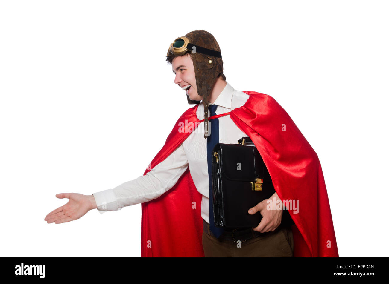 Funny here with briefcase isolated on the white Stock Photo