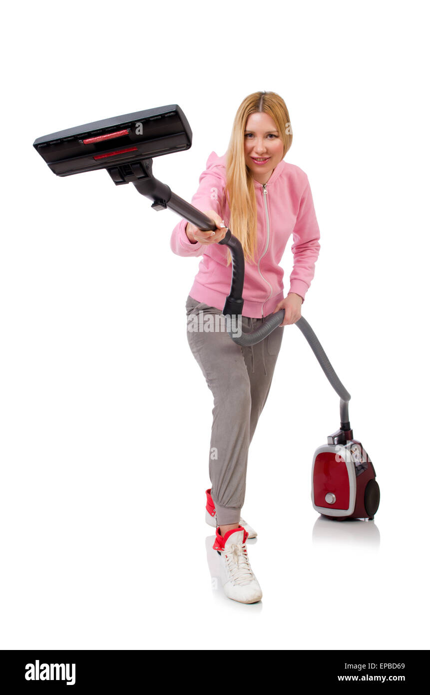 Young woman with vacuum cleaner on white Stock Photo - Alamy