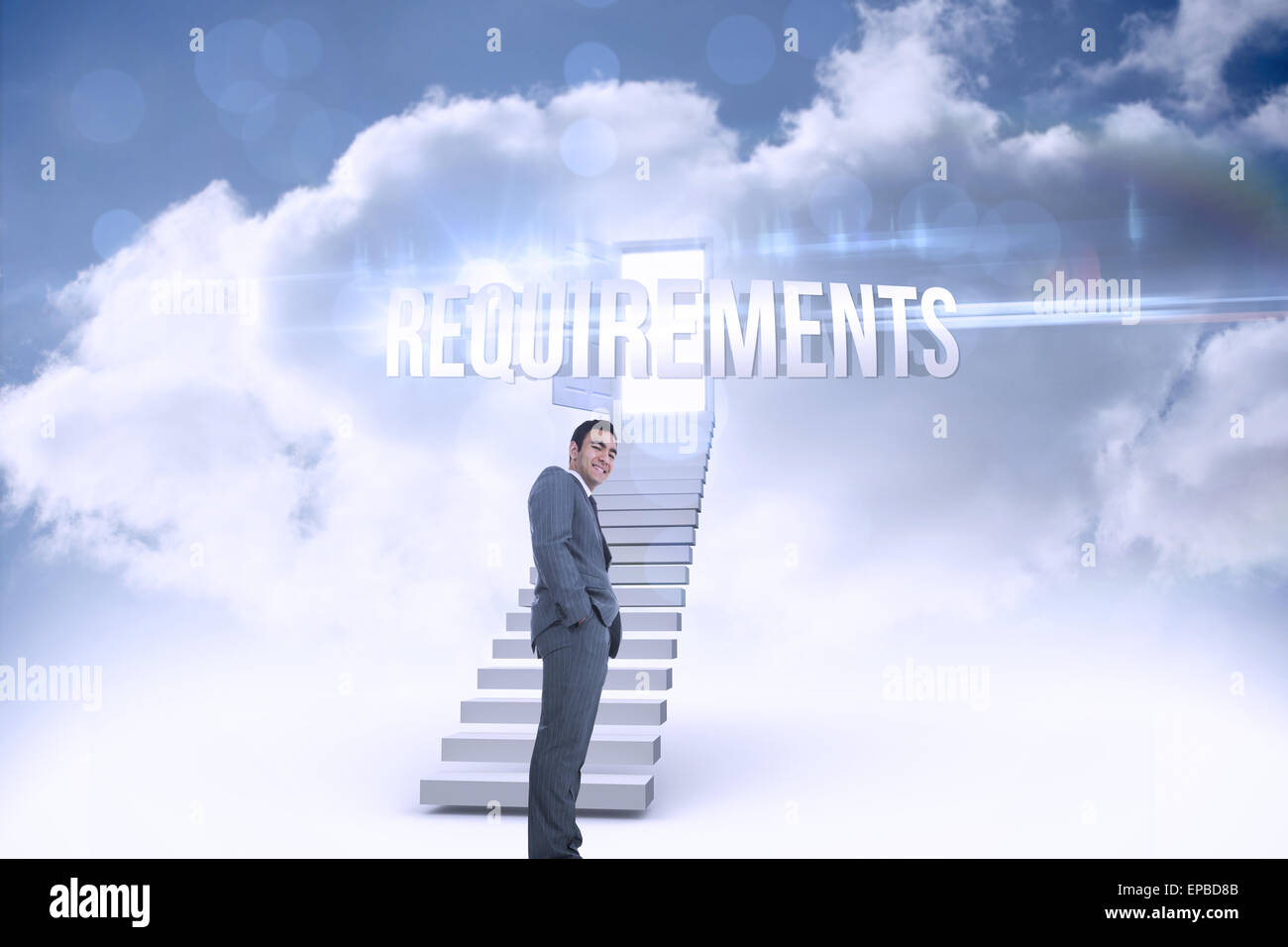 Requirements against open door at top of stairs in the sky Stock Photo