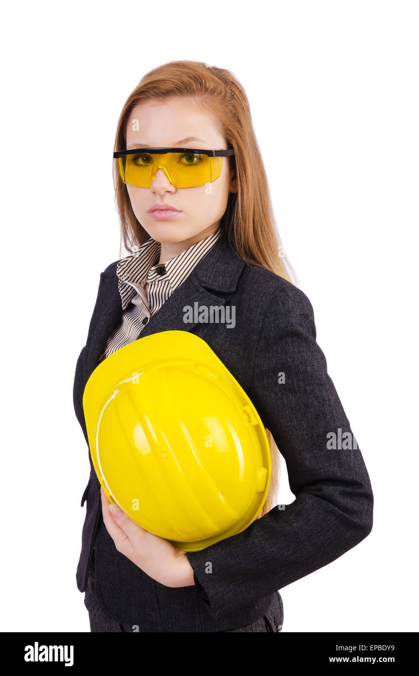Woman construction worker isolated on white Stock Photo - Alamy