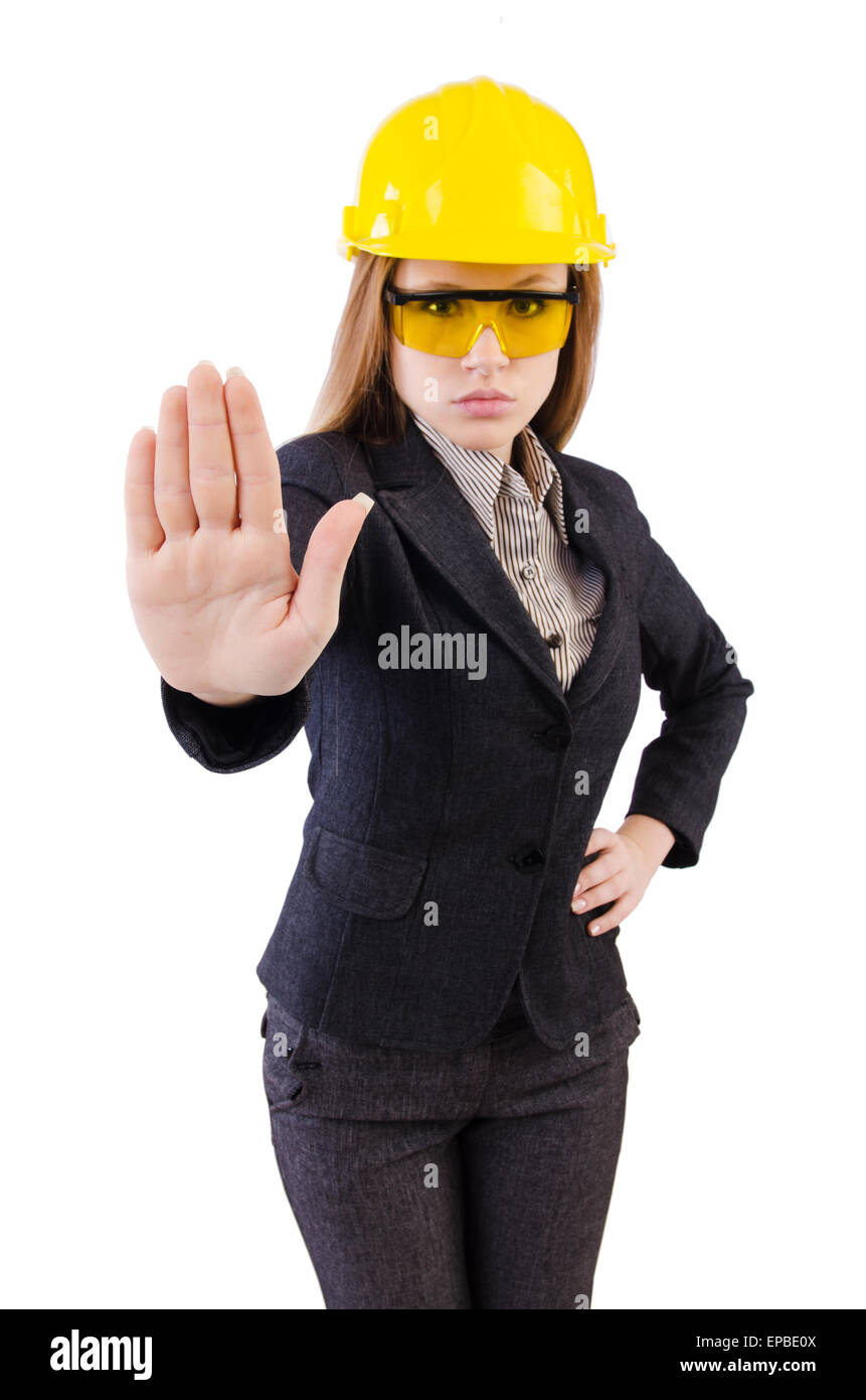 Woman construction worker isolated on white Stock Photo - Alamy