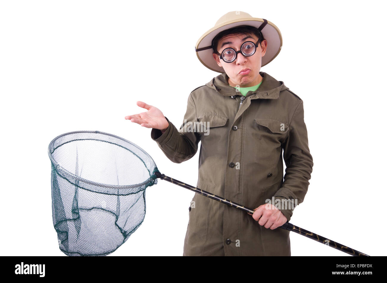 Funny guy with catching net on white Stock Photo - Alamy