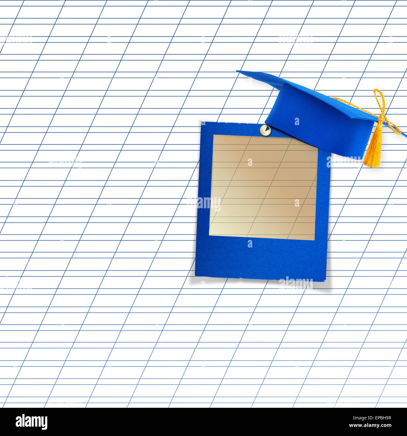 Mortar board or graduation cap with blue slide on the background notebook sheet Stock Photo