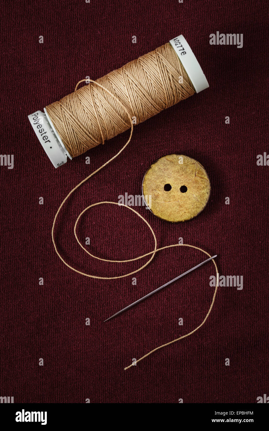 Close up of thread, single button and needle Stock Photo