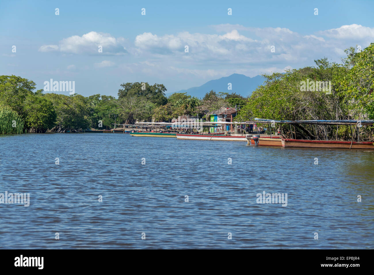 Dock area in La Avellanav  Guatemala for boats and ferry to Monterrico via the canal of Chiquimulilla through the mangrove swamp Stock Photo