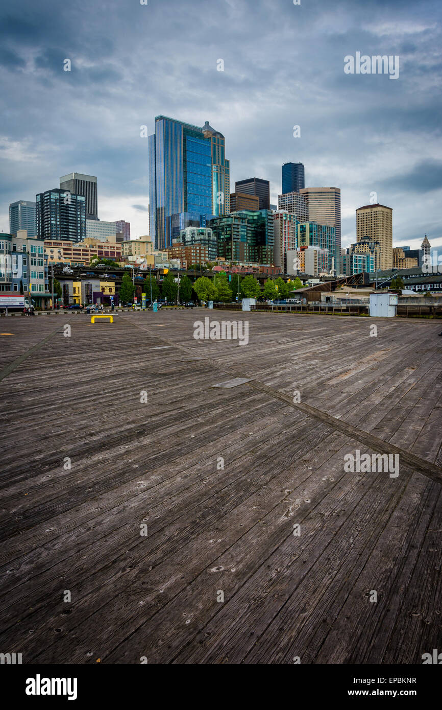 View of buildings in downtown Seattle from Piers 62 and 63, on the waterfront, in Seattle, Washington. Stock Photo