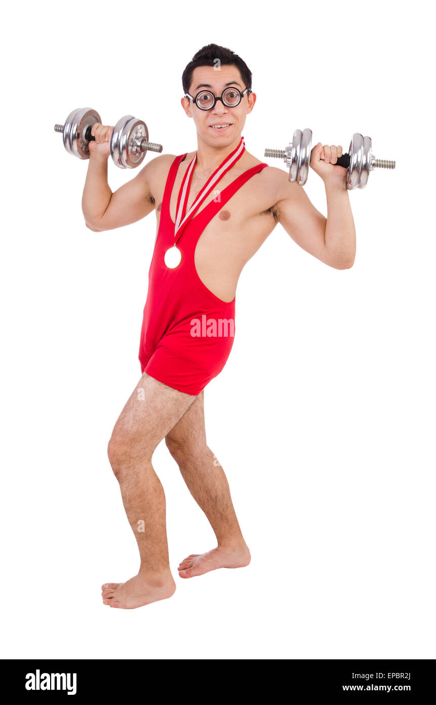 Funny guy with dumbbels on white Stock Photo Alamy