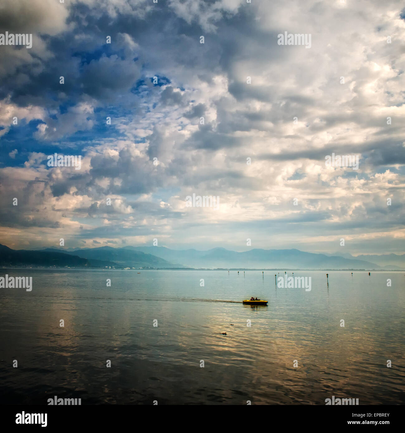View of lake against cloudy sky, Lake Constance, Rhine River, Germany, Switzerland, Austria Stock Photo