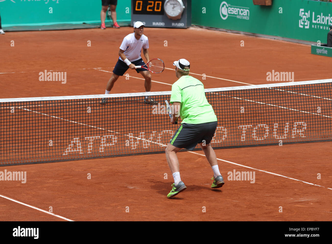 ISTANBUL, TURKEY - MAY 02, 2015: Dusan Lajovic and Radu Albot against Chris Guccione and Andre Sa in doubles semi-final match of Stock Photo