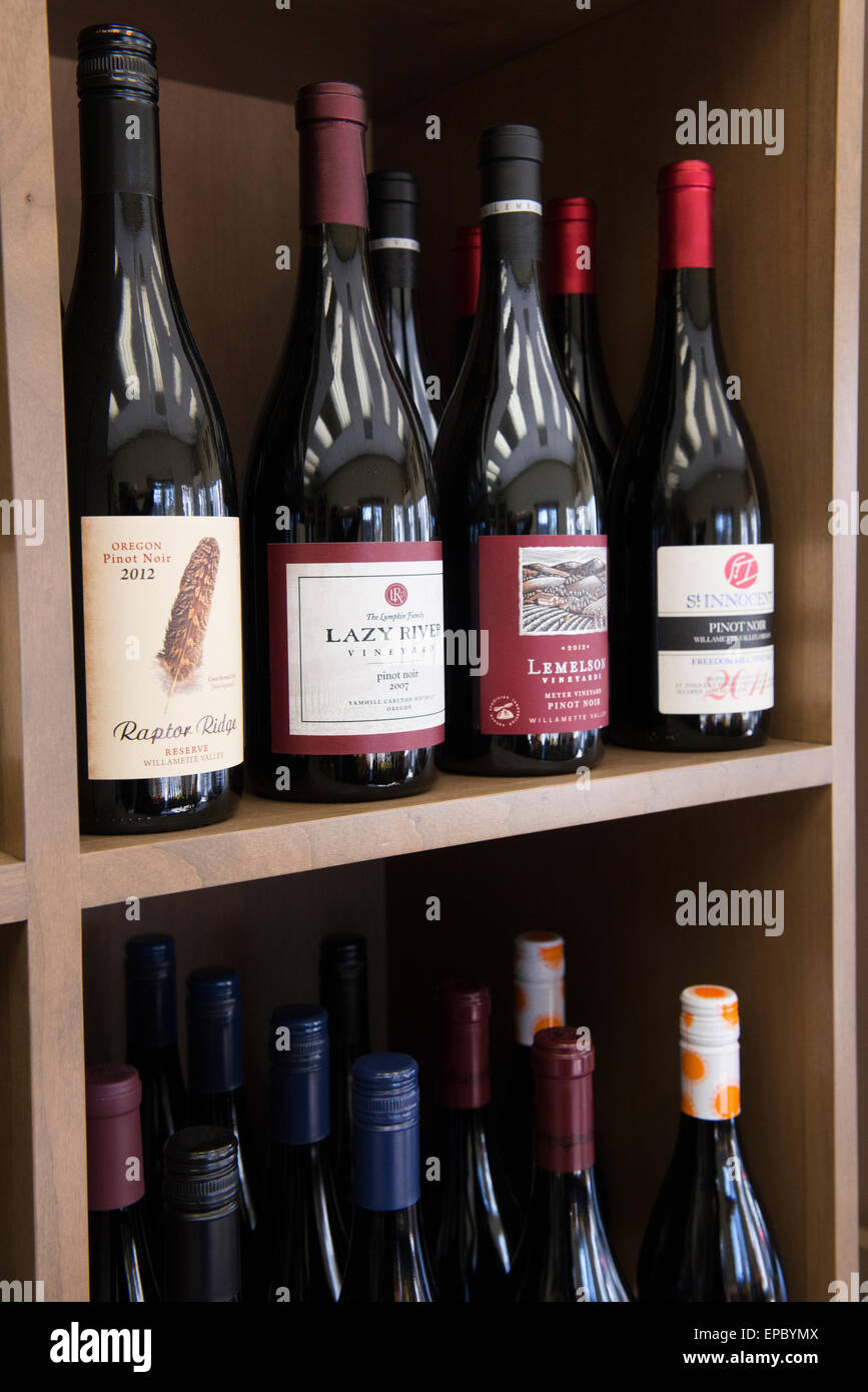 Local wines on display at Woodard Wines in McMinnville, Oregon, United States. Stock Photo