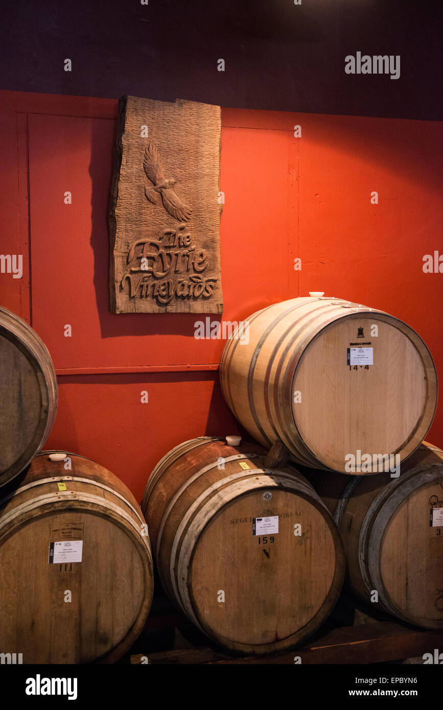 The entrance to Eyrie Vineyard's tasting room in McMinnville, Oregon, is filled with wine barrels. Stock Photo