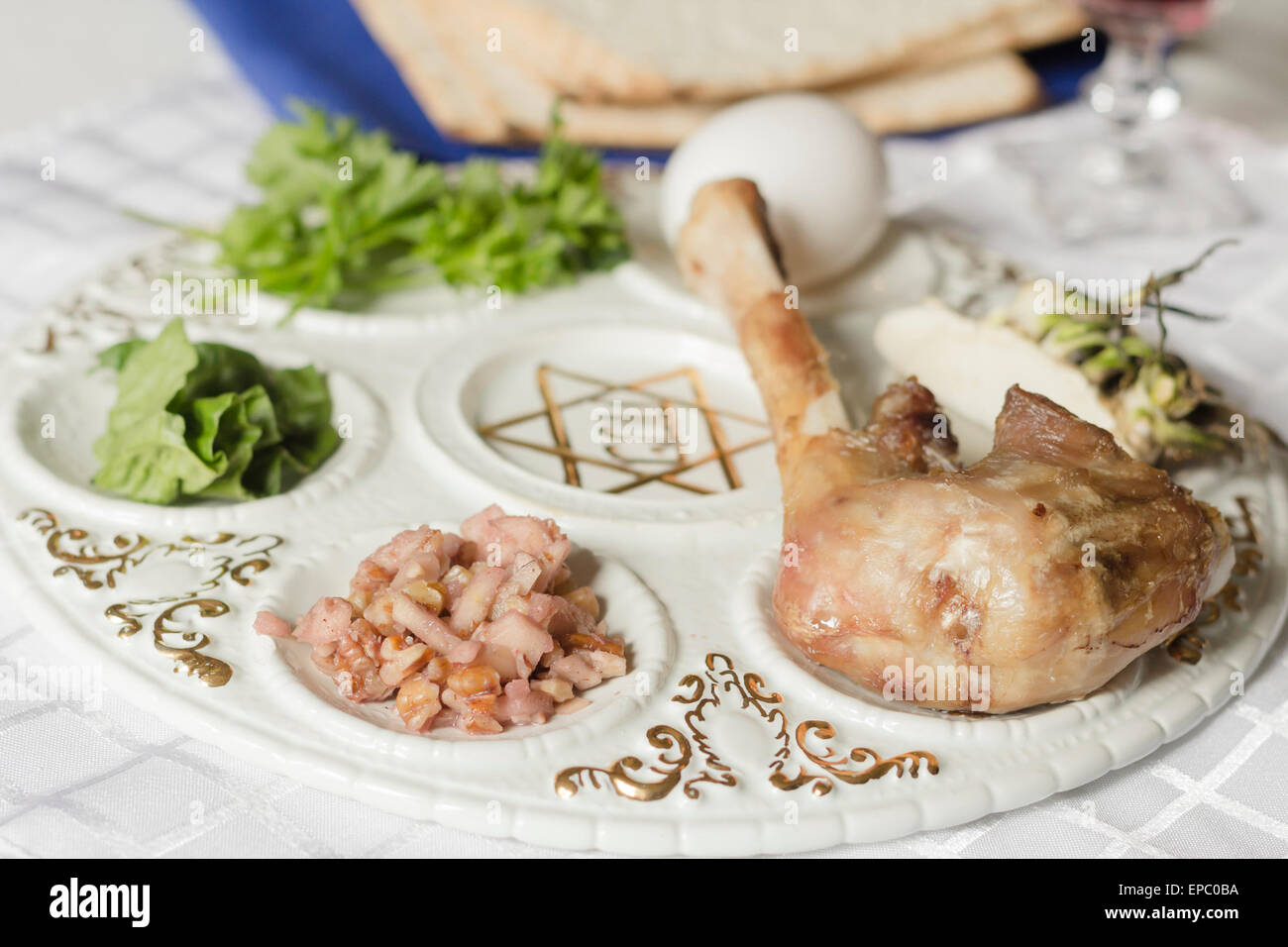Jewish seder plate. Six foods make up this passover meal Stock Photo