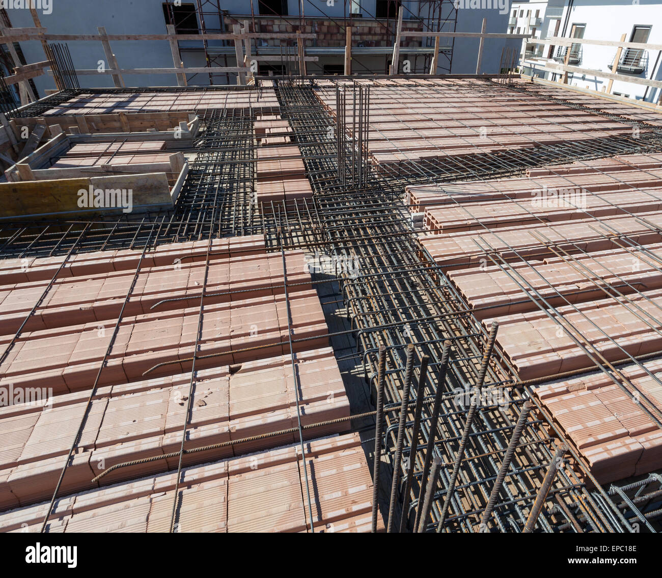 Reinforce iron cage net for built building floor in construction site. Stock Photo