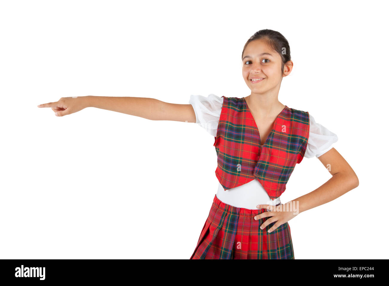 Teenager dressed with typical clothes red plaid on white background. Stock Photo