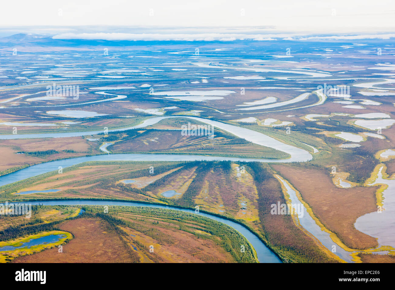 Aerial view of wetland lakes and rivers of the Selawik National