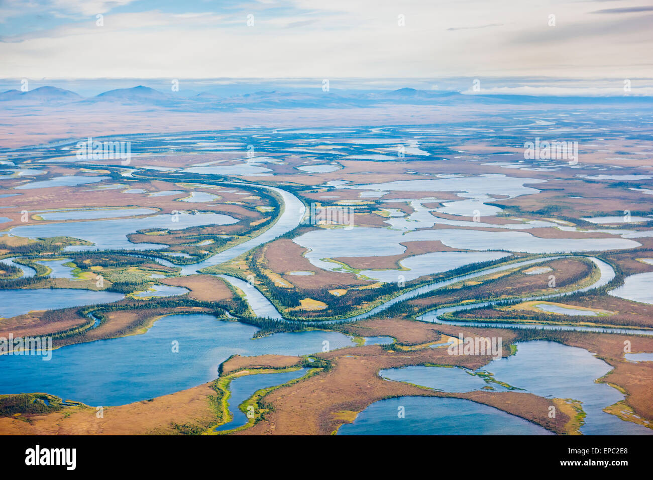 Aerial view of wetland lakes and rivers of the Selawik National