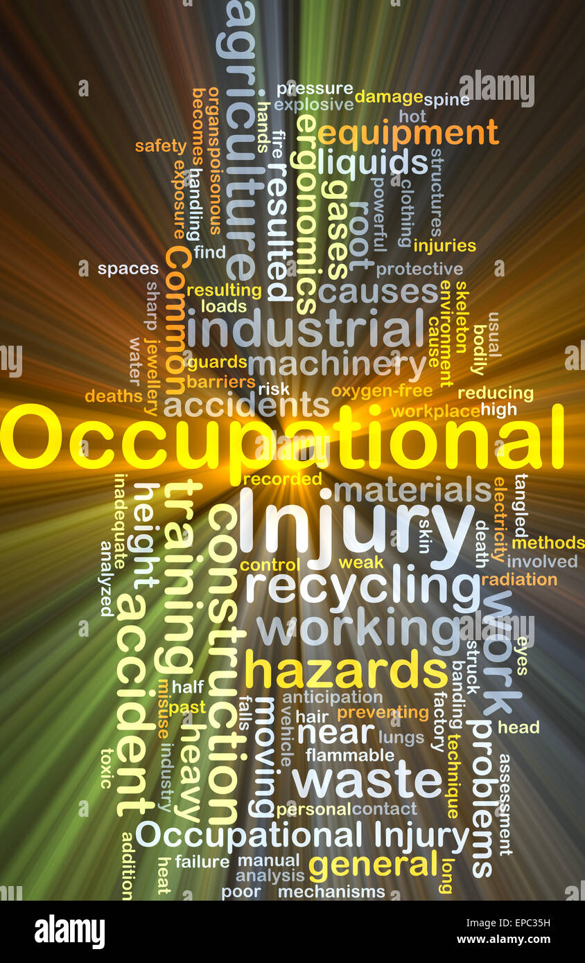 Background concept wordcloud illustration of occupational injury glowing light Stock Photo