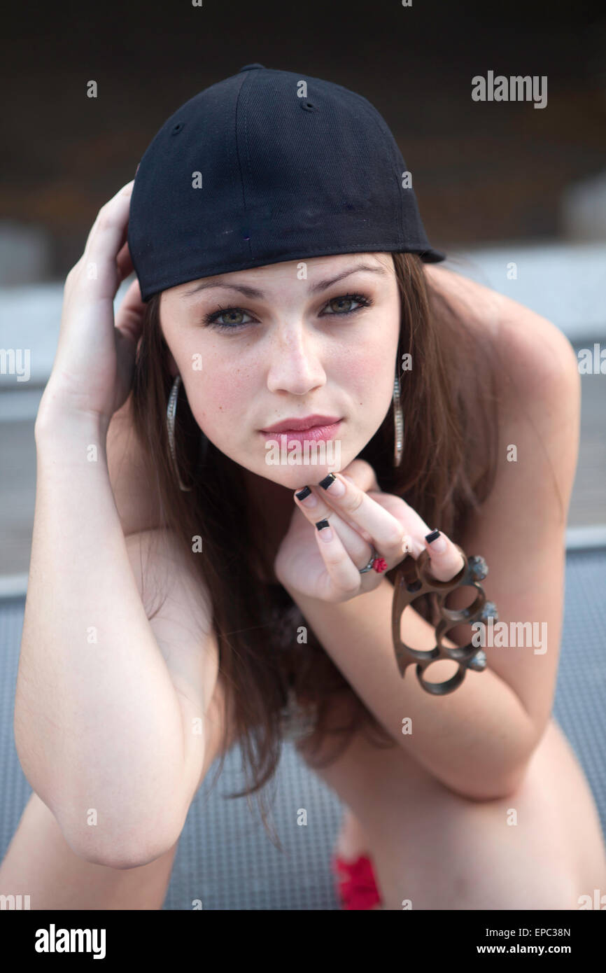 teenage girl with brass knuckles Stock Photo Alamy