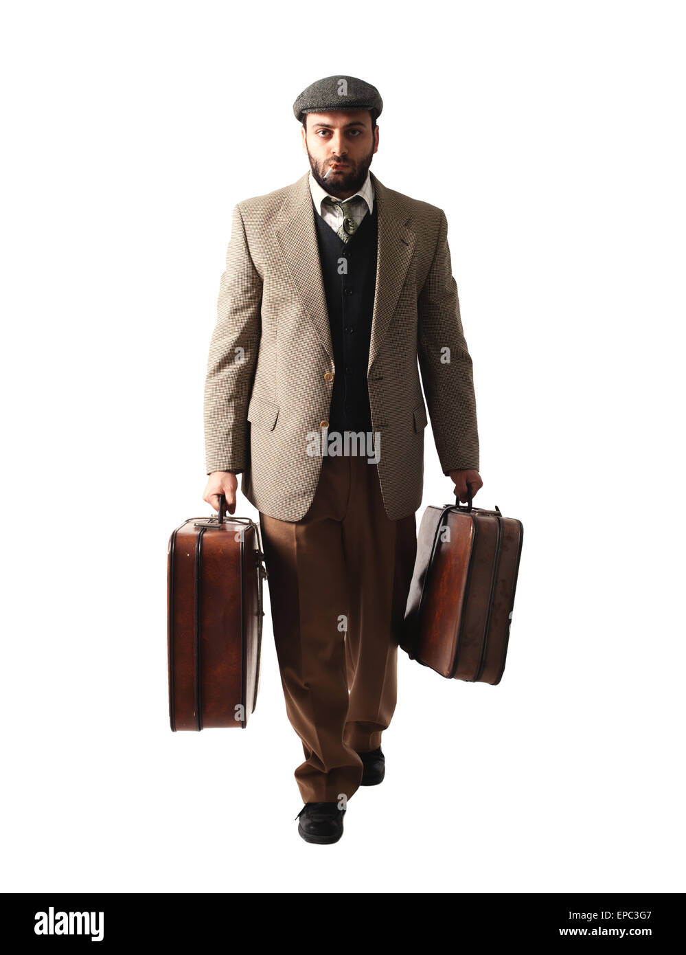 Emigrant man with the suitcases isolated on white background Stock Photo