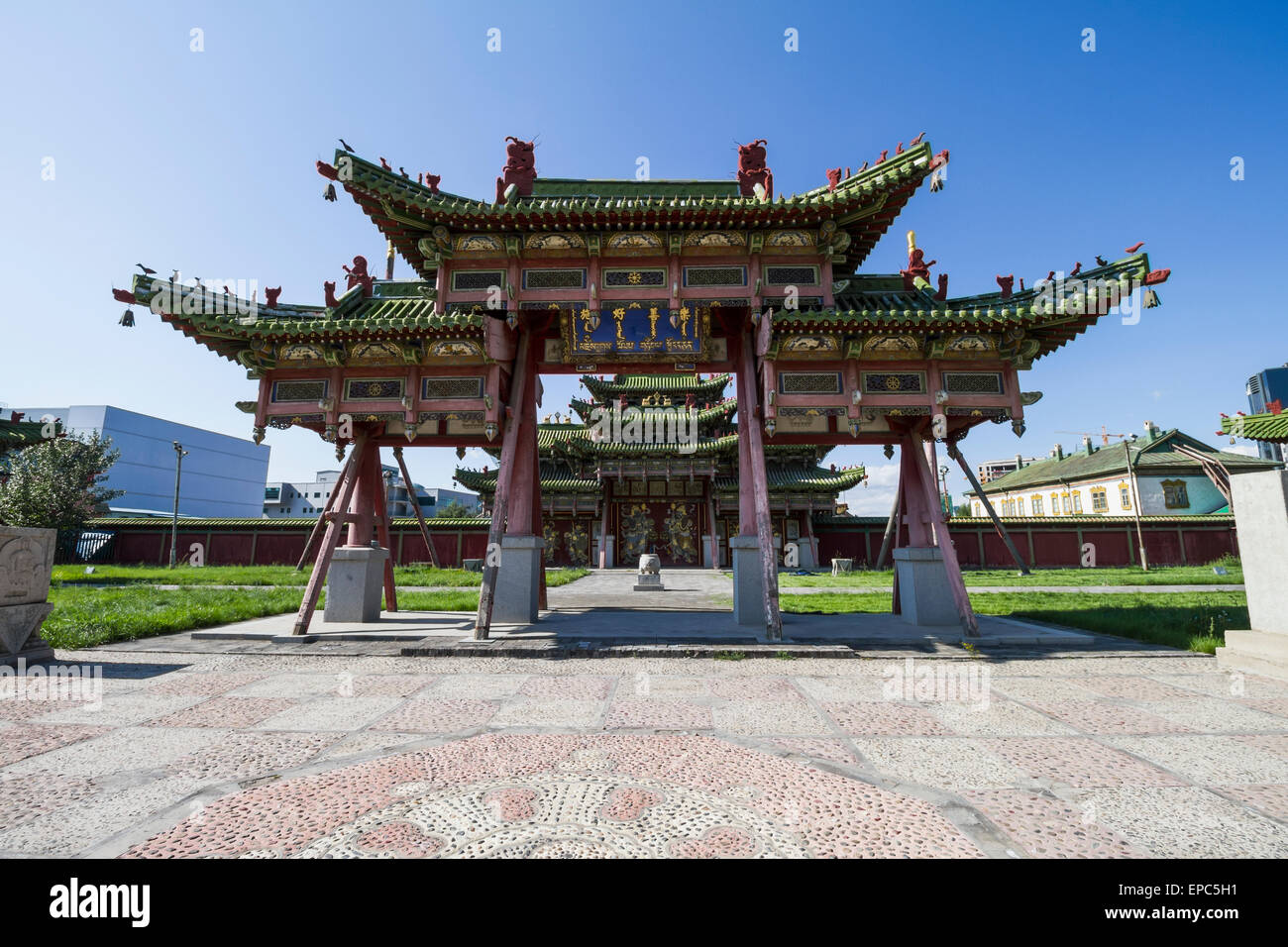 Entrance gate to the Winter Palace of the Bogd Khan, Ulaanbaatar (Ulan Bator), Mongolia Stock Photo