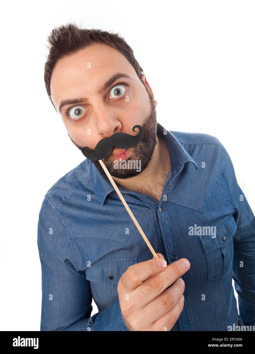 Young man with photo booth mustache on white background Stock Photo - Alamy