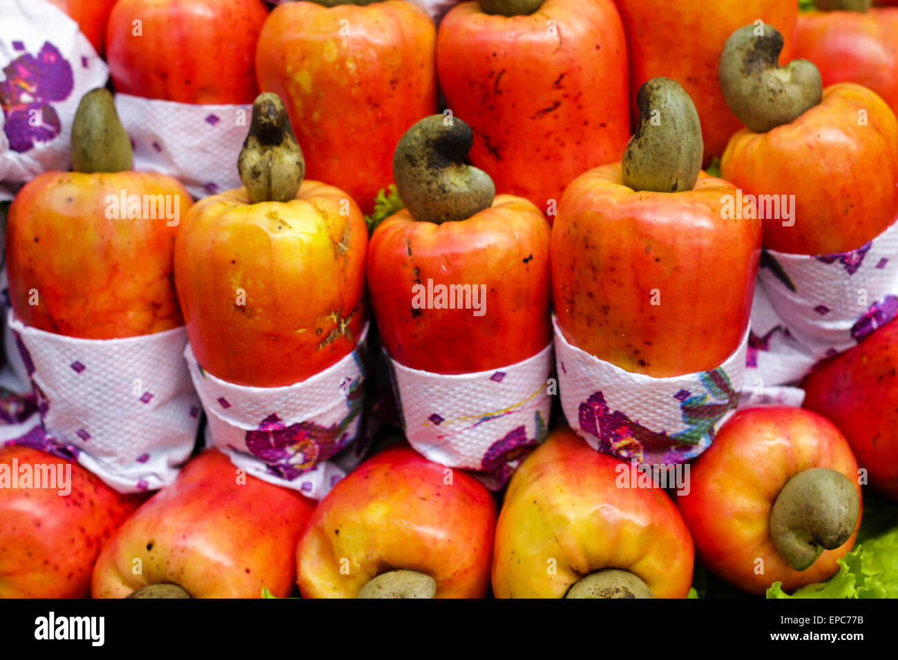 Exotic fruit Brazilian caju cashew exposed in the Market Stock Photo