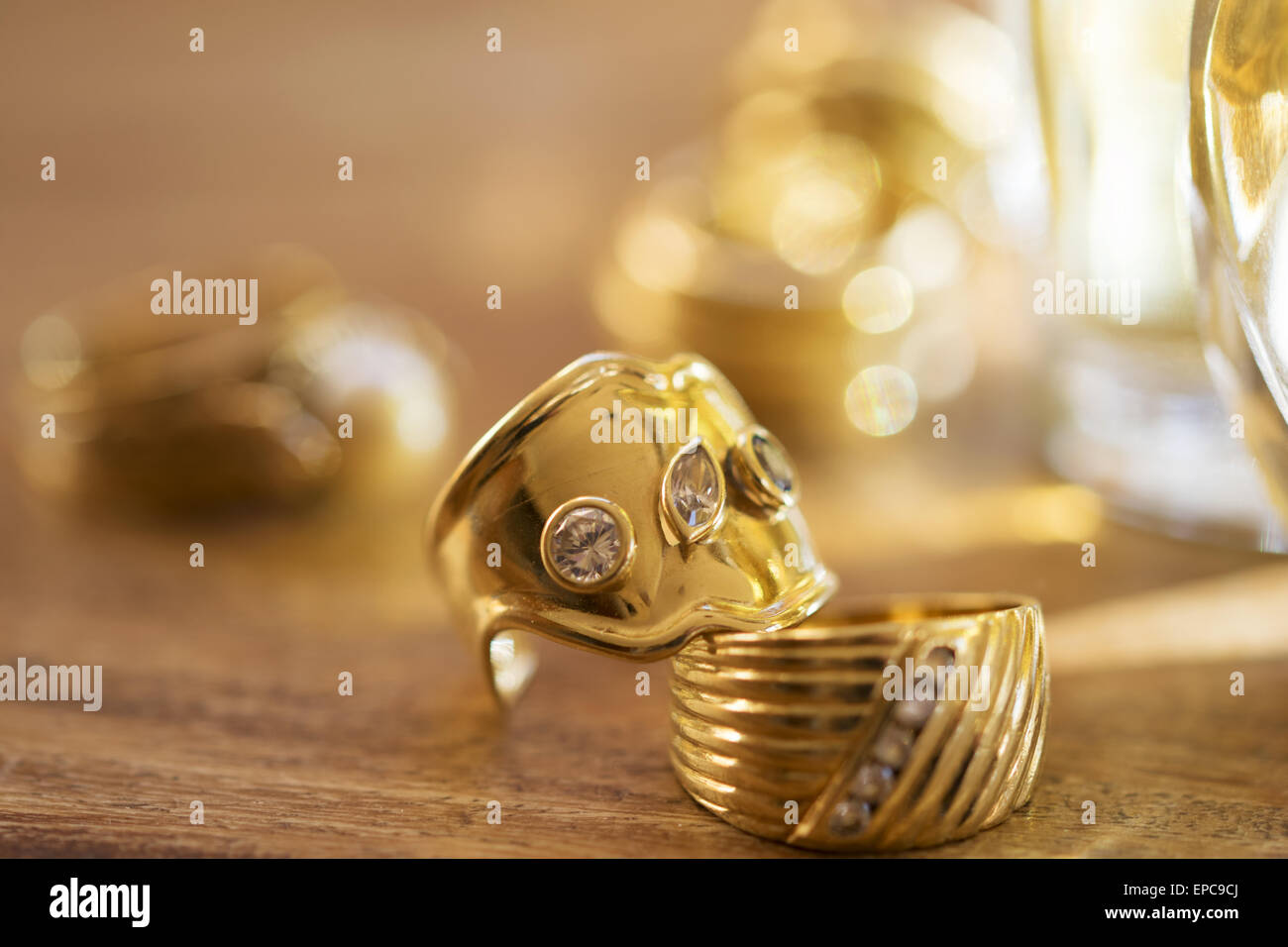 rings with precious stones in a collection of family jewels Stock Photo