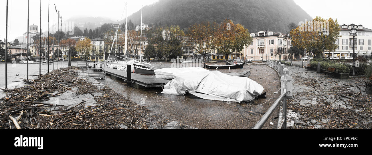 Maggiore Lake overflow in Laveno-Mombello, autumn season Varese - Lombardy Stock Photo