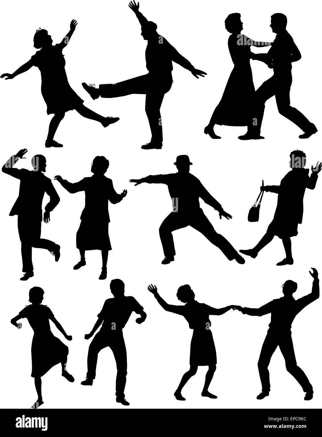 Set of editable vector silhouettes of elderly couples dancing together with all figures as separate objects Stock Vector