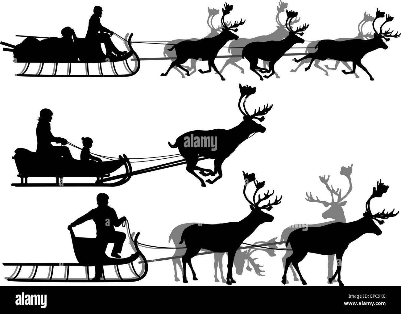 Set of eps8 editable vector silhouettes of people in sleighs pulled by reindeer with all figures as separate objects Stock Vector