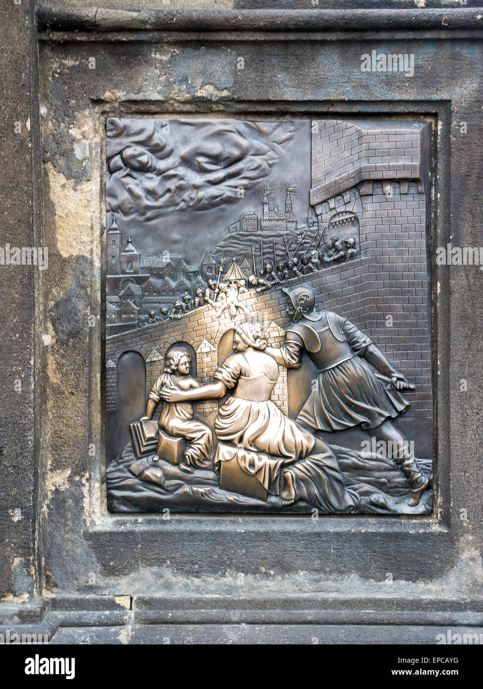 One of two plaques affixed to St. John Of Nepomuk Statue on the Charles Bridge, Praque, Chech Republic Stock Photo