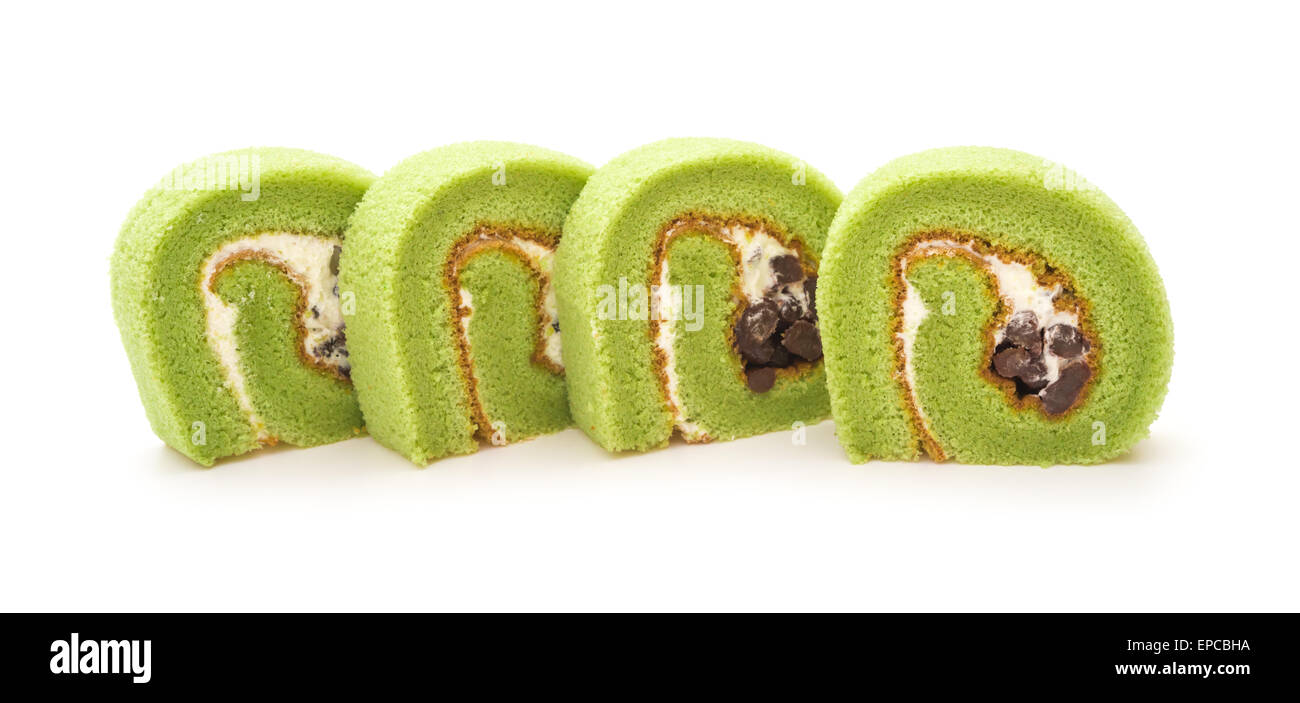 four pieces of yummy cake made by green tea and mung bean on a white background Stock Photo