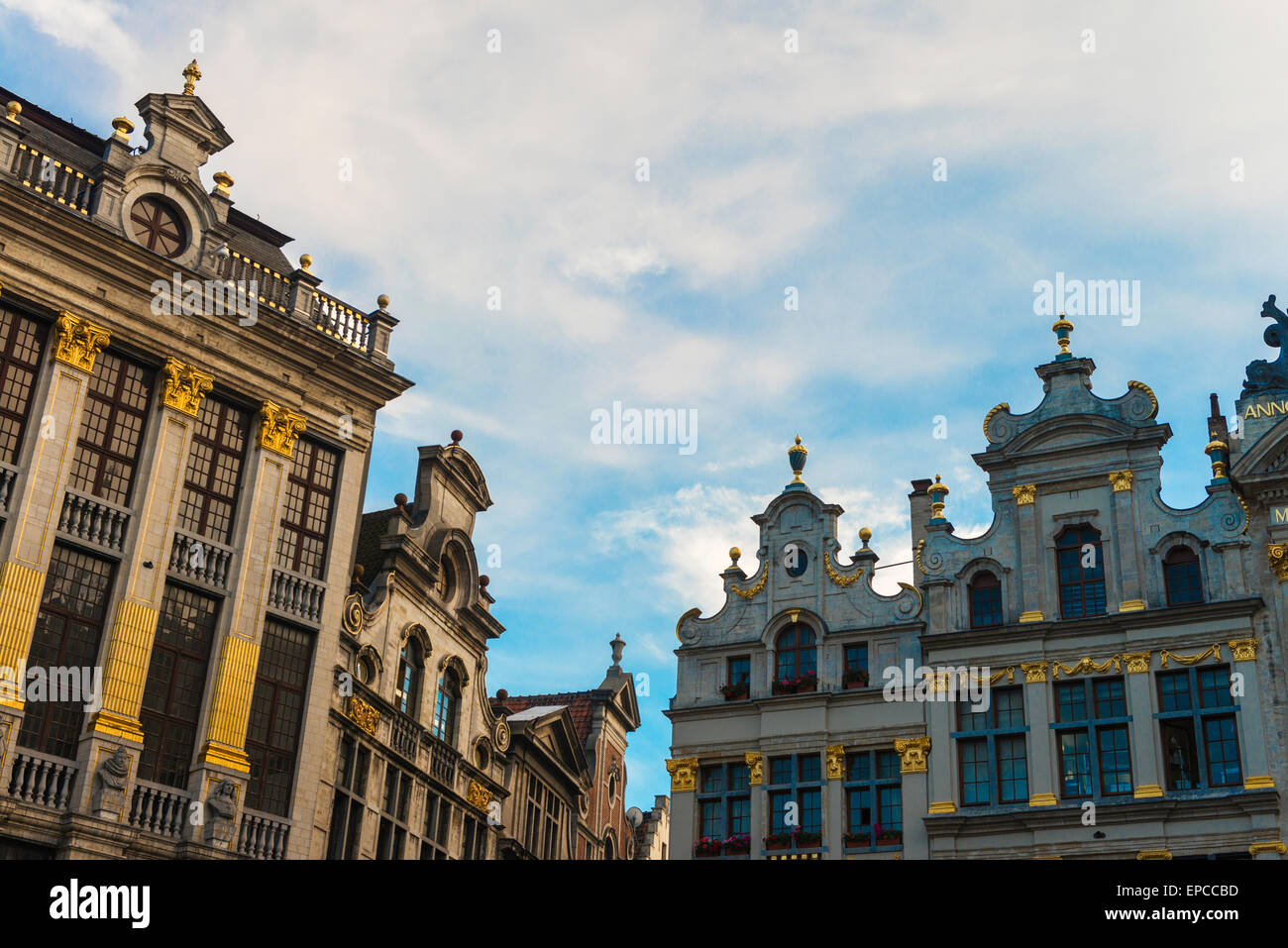 Ornate, 17th century Flemish Renaissance buildings in the south corner of Grand Place, Brussels, Belgium, seen in evening light. Stock Photo