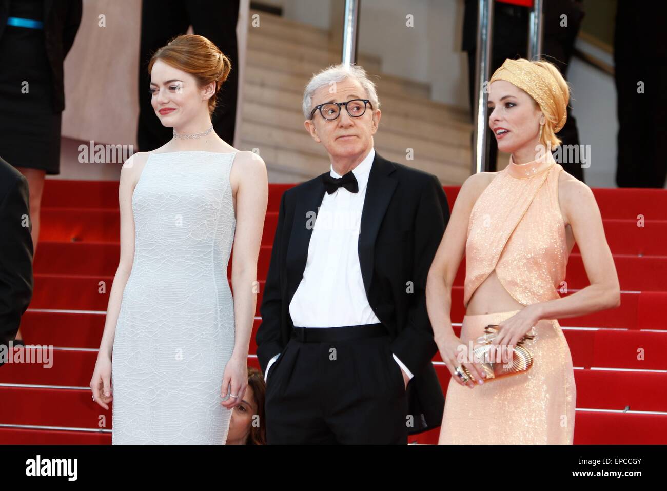 Actress Emma Stone (L), director Woody Allen and actress Parker Posey attend the premiere of Irrational Man at the 68th Annual Cannes Film Festival at Palais des Festivals in Cannes, France, on 15 May 2015. Photo: Hubert Boesl - NO WIRE SERVICE Stock Photo