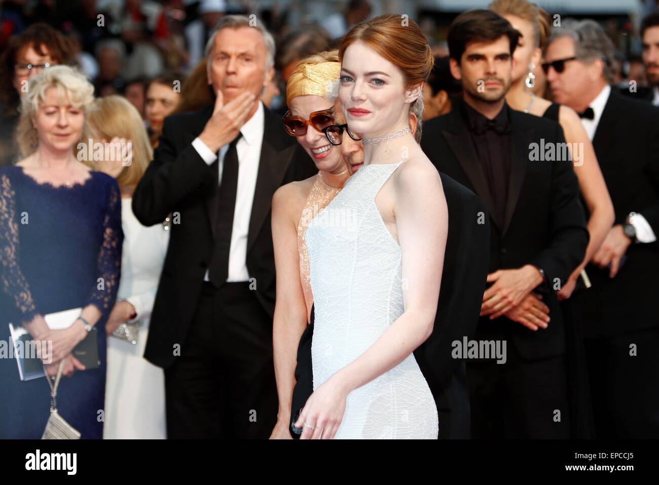 Actress Emma Stone (r), director Woody Allen and actress Parker Posey attend the premiere of Irrational Man at the 68th Annual Cannes Film Festival at Palais des Festivals in Cannes, France, on 15 May 2015. Photo: Hubert Boesl - NO WIRE SERVICE Stock Photo