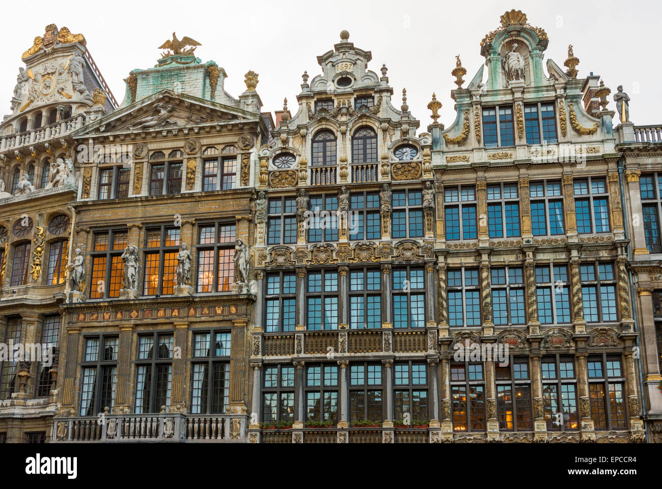 Ornate, 17th century Flemish Renaissance buildings on the north side of Grand Place, Brussels, Belgium, seen in evening light. Stock Photo