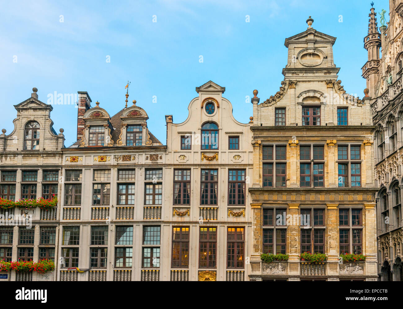 17th century Flemish Renaissance buildings in the north-east corner of Grand Place, Brussels, Belgium, seen in evening light. Stock Photo