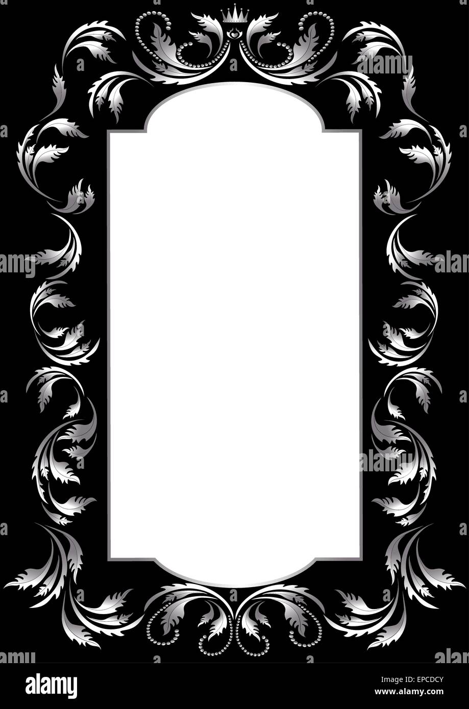 Frame of silver leaf in old style on a black background Stock Vector
