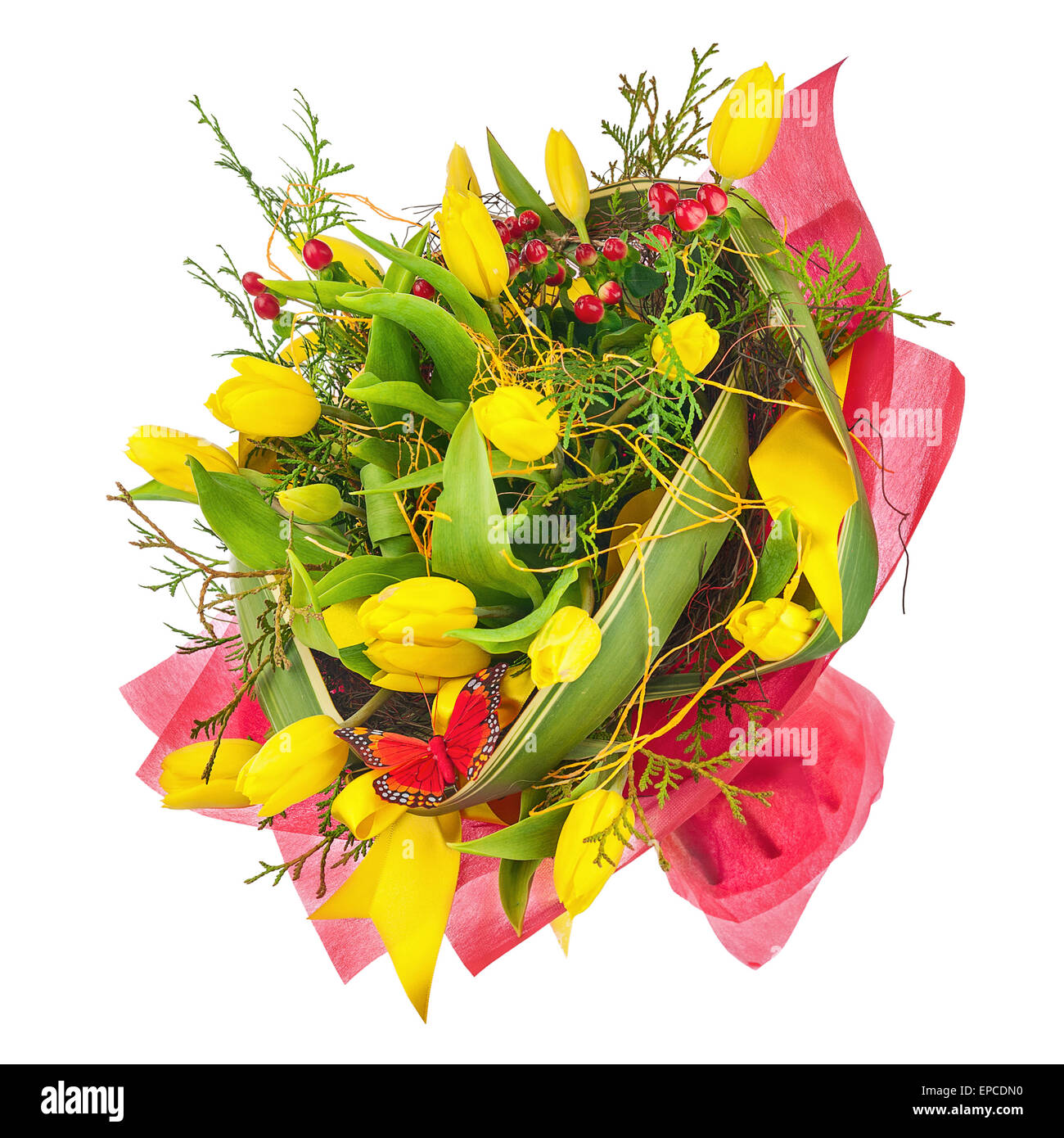 Beautiful bouquet of yellow tulips and other flowers isolated on white ...