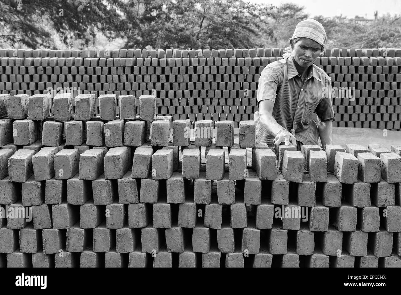 Indian woman stacking bricks in Tamil Nadu, India Stock Photo