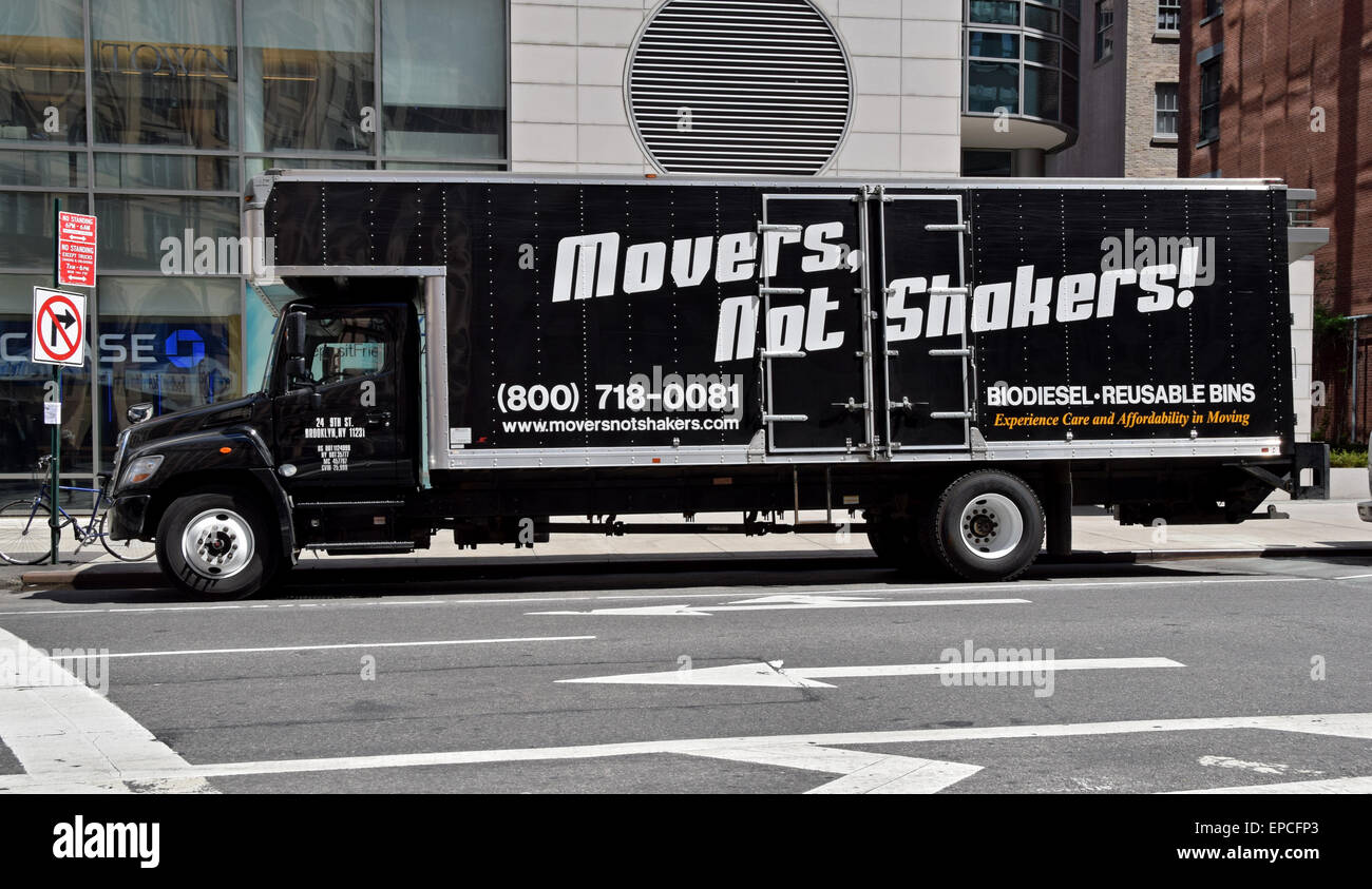 A green flat fee moving company van with a funny name on 4th Avenue in Greenwich Village, New York City. Stock Photo