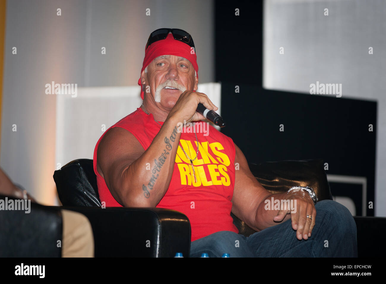 Birmingham, UK. 15th May, 2015. Hulk Hogan on the Body Power Expo stage giving a talk about his long career Credit:  steven roe/Alamy Live News Stock Photo