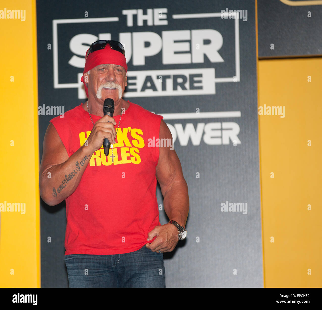 Birmingham, UK. 15th May, 2015. Hulk Hogan on the Body Power Expo stage giving a talk about his long career Credit:  steven roe/Alamy Live News Stock Photo