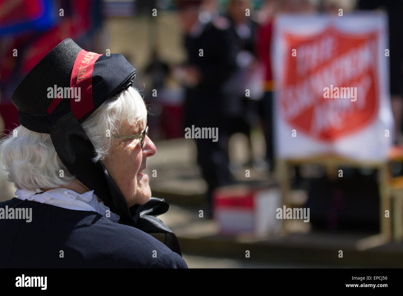 Southport, Merseyside UK, 16th May, 2015. Mrs Groom, celebrating150 years of the Salvation Army.  2015 marks the 150th anniversary of The Salvation Army. The movement was started by pioneers William and Catherine Booth in the East End of London in 1865. The Salvation Army Southport corps invited Salvationists and others in fundraising, with a series of events in the town centre including massed choirs and march. Credit:  Mar Photographics/Alamy Live News Stock Photo