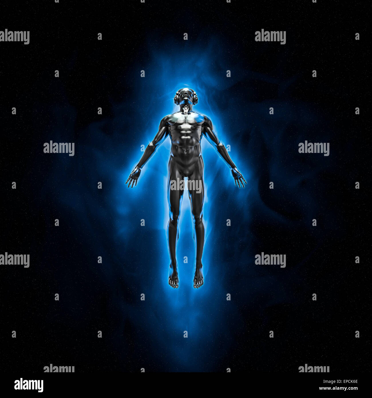 3D render of silver male figure with headphones and disco shades rising ...