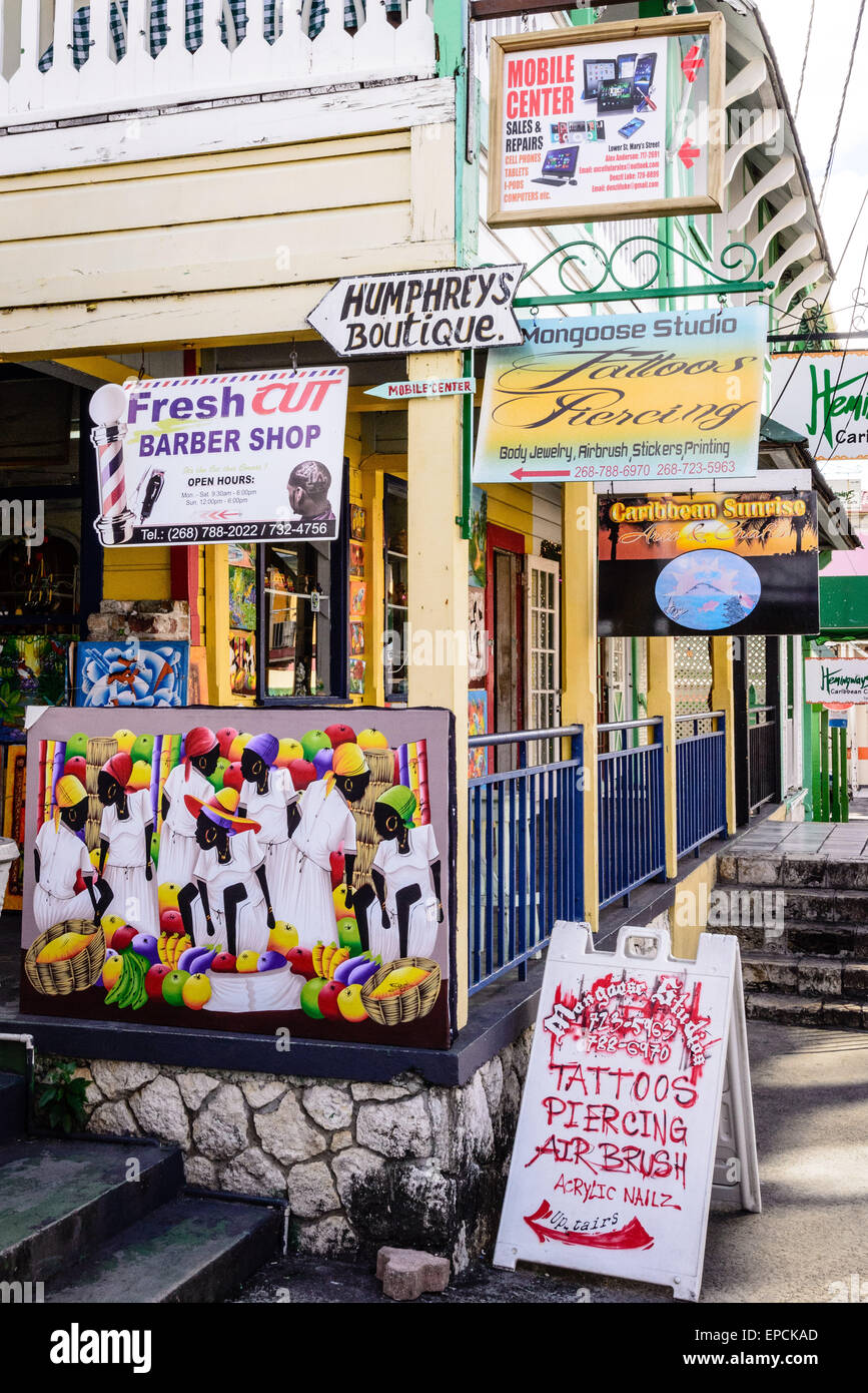 Colorful Signs, St. Mary's Street, Saint John's, Antigua Stock Photo