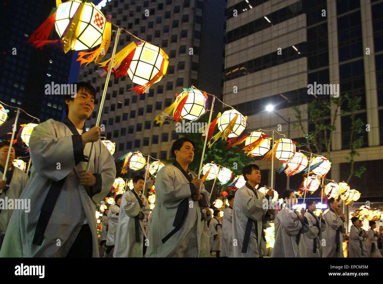 Seoul, South Korea. 16th May, 2015. Buddhists take part in a parade during the Lotus Lantern Festival to celebrate the upcoming birthday of Buddha in Seoul, South Korea, May 16, 2015. Credit:  Yao Qilin/Xinhua/Alamy Live News Stock Photo